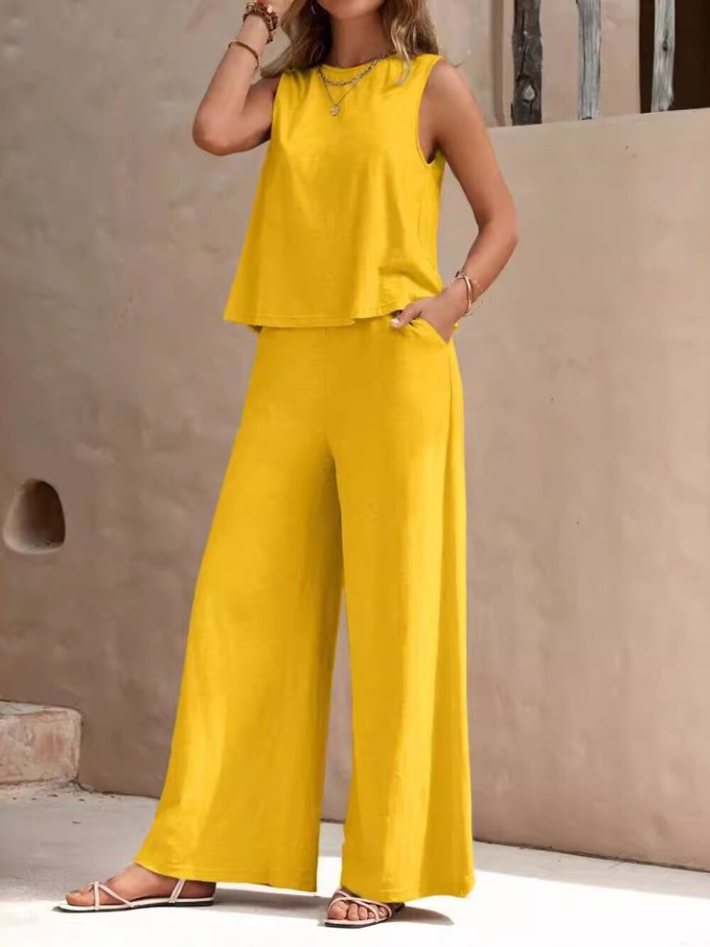 Women's Yellow 2-Piece Pant Set – Sleeveless Top & High Waist Wide Leg Trousers